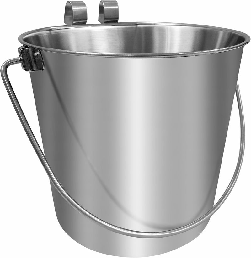 PetYupp Heavy Duty Stainless Steel Flat Side Bucket w/Hooks 1.5 Gallon - 6 Quart Metal Bucket for Feeding & Watering Pets, Livestock & Cleaning - Perfect for Crates, Kennels, Cages & Hang on Fences - Image 1